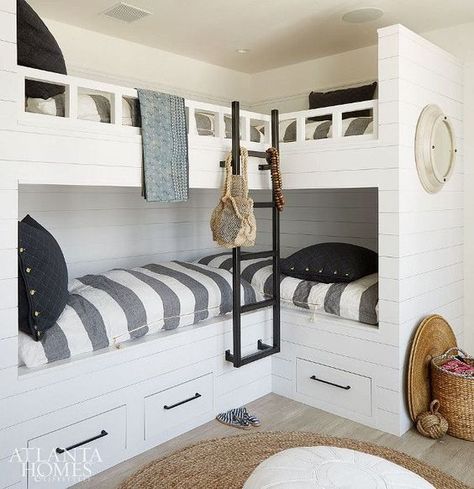 A couple bunk beds in the beach house Corner Bunk Beds, Bunk Room Ideas, L Shaped Bunk Beds, Bunk Bed Rooms, Modern Bunk Beds, Bunk Beds Built In, Built In Bunks, Bunk Rooms, Murphy Bed Plans