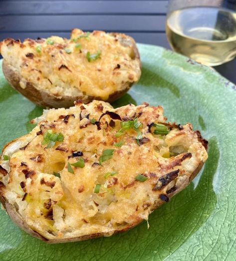 Baked Potatoes with Boursin & Leeks - Blythes Blog Blythes Blog Boursin Baked Potato, Gender Reveal Food, Baked Potato Recipes, Twice Baked, Twice Baked Potatoes, Potato Skins, Baked Potatoes, Green Salad, Leeks