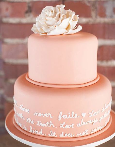 Before we jump into our 100 wedding cakes that WOW we have to share this personalized gold and pink wedding cake from Smore Sweets. Do you love. The backdrop is pretty great as well. We can personally say this is one of our favorite wedding cakes.  Captured by We Heart Photography. Coral Wedding Cakes, Wedding Cake Photos, Tiered Cake, Coral Wedding, Wedding Cake Inspiration, Wedding Chicks, Mod Wedding, Photo Cake, Fancy Cakes