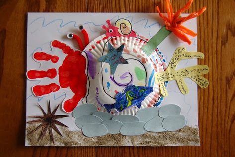 A House For Hermit Crab, Hermit Crab Crafts, Eric Carle Crafts, Eric Carle Art, Eric Carle Activities, Crab Crafts, Kids Collage, Crab Art, Star Template