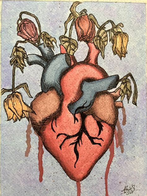 Flowers In Heart Drawing, Toxic Heart Drawing, Human Heart Drawing With Flowers, Heart Flowers Painting, Heart Bleeds Art, Real Heart Aesthetic, Grunge Watercolor Art, Heart Art Aesthetic, Heart Painting Aesthetic