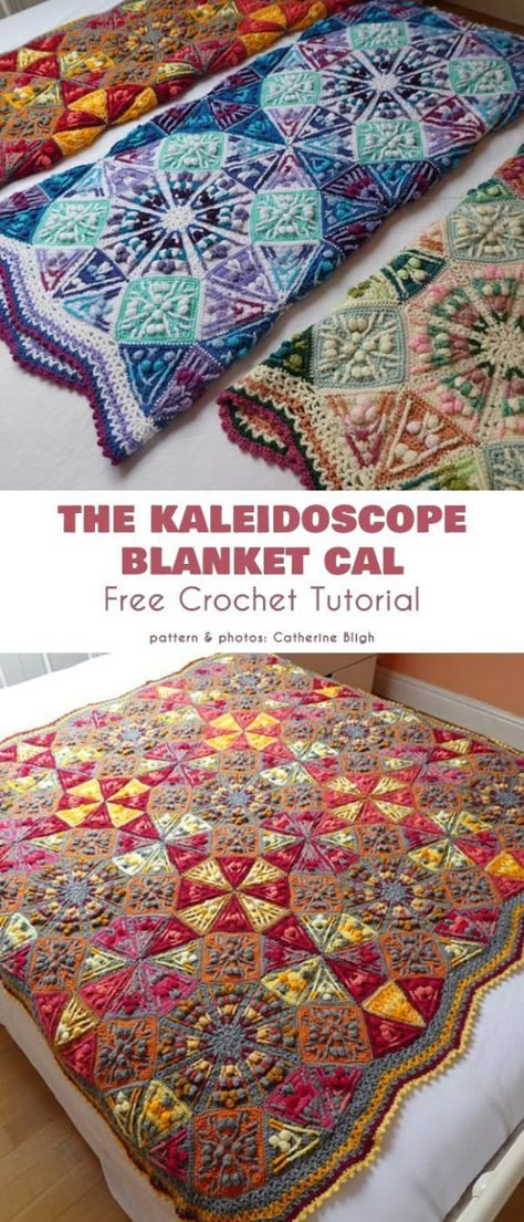 Kalidascope Crochet Blanket, Kaleidoscope Blanket Crochet, Crochet Along Blanket, Crochet Cal Blanket Patterns Free, Crochet Cal Patterns, Modern Afghan Crochet Patterns, Mandala Crochet Blanket Free Pattern, Mandala Crochet Blanket, Tapestry Crochet Blanket