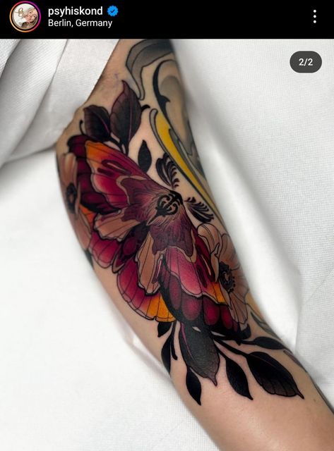 Dark Color Tattoo, Full Color Tattoo Design, Shaded Flower Tattoo, Floral Moth Tattoo, Dark Cover Up Tattoos, Nj Tattoo, Traditional Butterfly Tattoo, Cover Up Tattoos For Women, Knee Tattoos