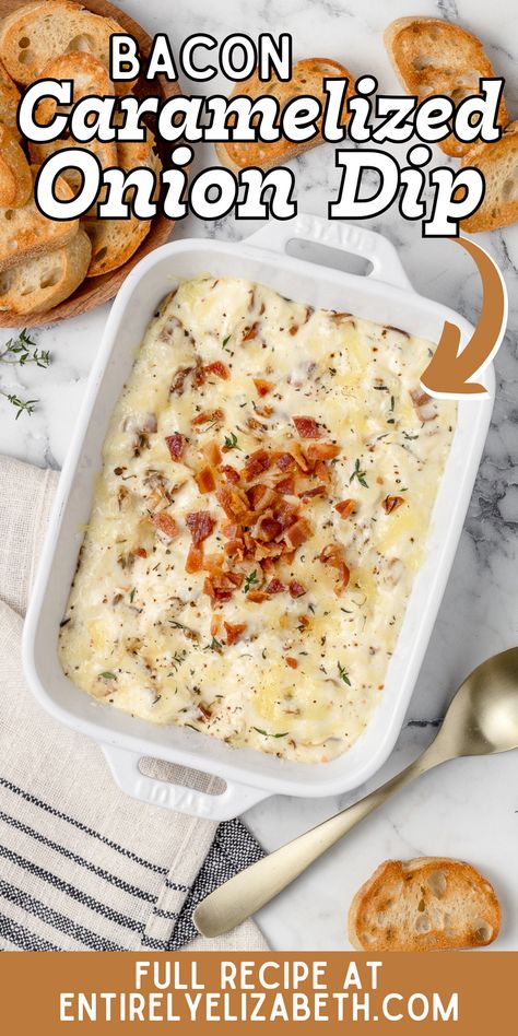 Gooey Swiss cheese meets crispy bacon and sweet caramelized onions in this irresistible hot dip. Perfect for game day or holiday entertaining! Baked Caramelized Onion Dip, Cheesy Caramelized Onion Dip, Carmelized Onion Dip Recipe Easy, Carmalized Onion Dips, Dips With Bacon, Hot Dips For Parties, Carmalized Onion Dip, Hot Bacon Cheese Dip, Bacon Onion Dip