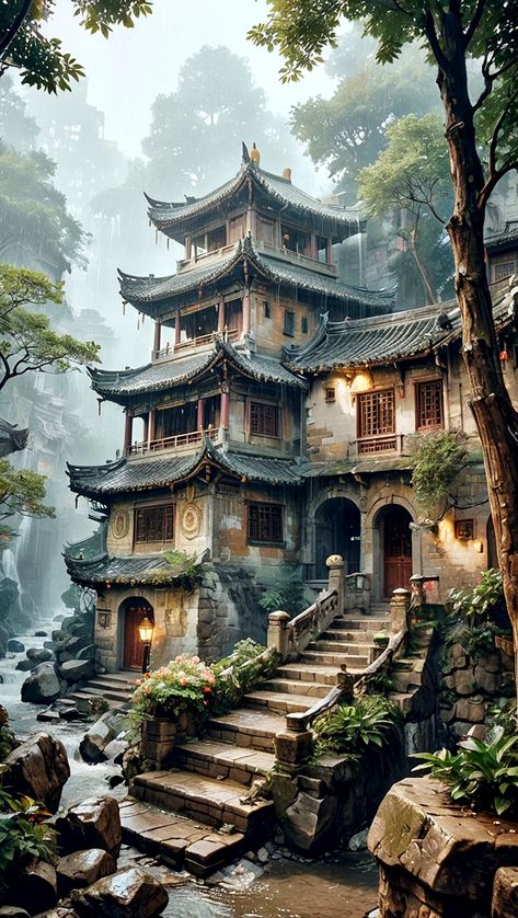 Fantasy Japanese House, Chinese Castle Fantasy Art, Asian Kingdom Fantasy Art, Asian Fantasy Architecture, Asian Palace Fantasy Art, Japanese Courtyard, Medieval Japanese, Chinese Mountains, Fantasy Buildings