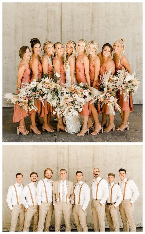 Tan Suits For Wedding Color Schemes Bridal Parties, Mens Tan Wedding Attire, Boho Bridesmaid Dress Beach, Groom And Groomsmen Attire Boho, Beach Wedding Suspenders Groomsmen, Groom And Groomsmen Attire Terracotta, Groomsmen With Bowties, Wedding Party With Tan Suits, Desert Wedding Party Attire