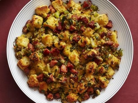 Get Cornbread-Andouille Stuffing Recipe from Food Network Food Sides, Thanksgiving Stuffing Recipes, Country Food, Cornbread Stuffing, Thanksgiving Food Sides, Sausage Stuffing, Country Ham, Sage Sausage, Thanksgiving Stuffing