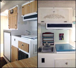 Before & After Pictures of Kitchen in Mrs. Padilly's Casita Trailer Makeover Side Landscaping, Casita Camper, Casita Trailer, Casita Travel Trailers, Travel Trailer Interior, Trailer Makeover, Travel Trailer Decor, Vintage Trailer Interior, Glamping Ideas