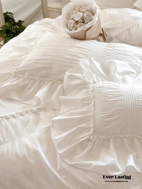 Shop Ever Lasting's high quality, soft, cozy and stylish bedding sets and start your next room makeover. Buy Bubble Washed Cotton Ruffle Bedding Set / White and enjoy its softness and quality. Our collections include duvet covers, comforters and bed sheets. Enjoy free US and international shipping. Ruffle Bedding Aesthetic, Ruffled Duvet, Soft Girl Bedroom, White Ruffle Bedding Aesthetic, White Ruffle Comforter, White Ruffle Bedding King, Maximalist Boho, Kids Bedroom Boys, Reversible Bedding