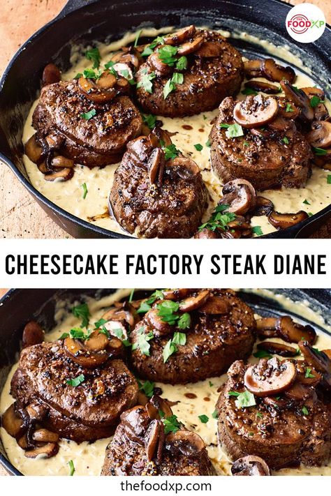 This Cheesecake Factory Steak Diane recipe is easy to make as it comes together in less than an hour. You'll love the combination of Dijon mustard, cream, Worcestershire sauce, and beef stock in the sauce. Just click on the link available here! #cheesecakefactorysteakdiane #cheesecakefactorysteakdianerecipe #cheesecakefactoryrecipes #steakdianerecipes Steak Diane Recipe, Steak Diane, Cheesecake Factory Recipes, Mushrooms And Onions, Steak Dishes, Beef Steak Recipes, Copycat Restaurant Recipes, Cheesecake Factory, Beef Stock