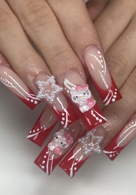 acrylic nails 
sanrio
hello kitty Red Nails Acrylic Hello Kitty, Red Nail Acrylic Ideas, Nail Inspo Latina Red, Red Acrylic Nails With Charms, Hello Kitty Nails Christmas, Hello Kitty Nails Red, Aclyric Nails, Red Hello Kitty Nails, Sanrio Acrylic Nails