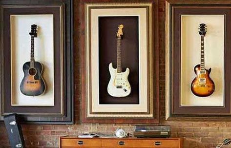 Hang Guitar On Wall, Music Theme Room, Print Photos On Canvas, Room Recording Studio, Hanging Guitars, Music Themed Rooms, Music Themed Bedroom, Guitar Studio, Guitar Wall Hanger