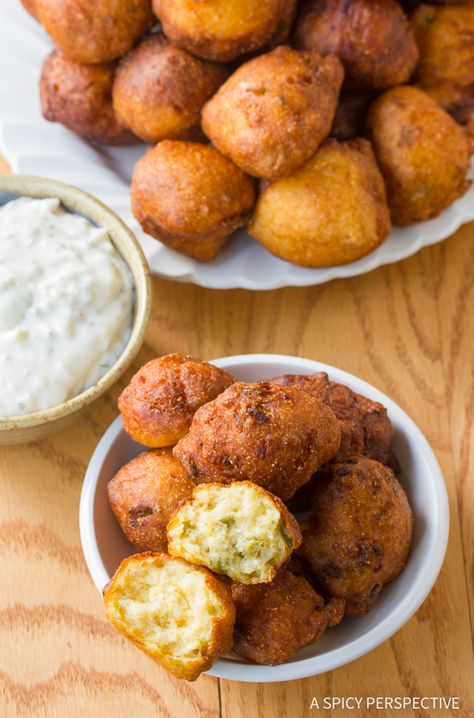 Perfect Jalapeno Hushpuppies Recipe........ Add bacon and find keto flours. Jalapeno Hush Puppies, Hushpuppies Recipe, Hush Puppies Recipe, Mexican Appetizers, A Spicy Perspective, Beer Batter, Asheville North Carolina, Minced Onion, Cajun Seasoning