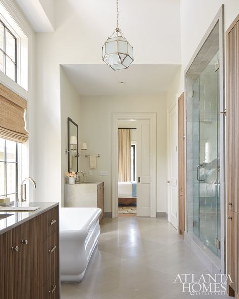 Tub Window, His And Hers Vanity, Vanity Master Bath, Small Grey Bathrooms, Andrew Howard, White Oak Kitchen, Neutral Bathroom, Tall Windows, Limestone Flooring