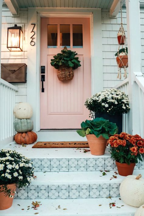 Fall Front Porch and Tile Front Steps - Nesting With Grace Diy Curb Appeal, Fall Front Porch Ideas, Nesting With Grace, Front Porch Ideas Curb Appeal, Exterior Paint Color, Fall Front Porch Decor, Front Steps, New England Homes, Fall Front Porch