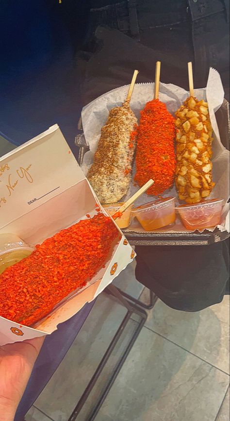 Hot Cheeto Corn Dog, Korean Corn Dog Hot Cheetos, Hot Cheetos Corn Dog, Hot Cheetos Corn, Cheetos Flavors, Korean Corn Dog, Korean Corn, Cafe Inspiration, Cheesy Corn