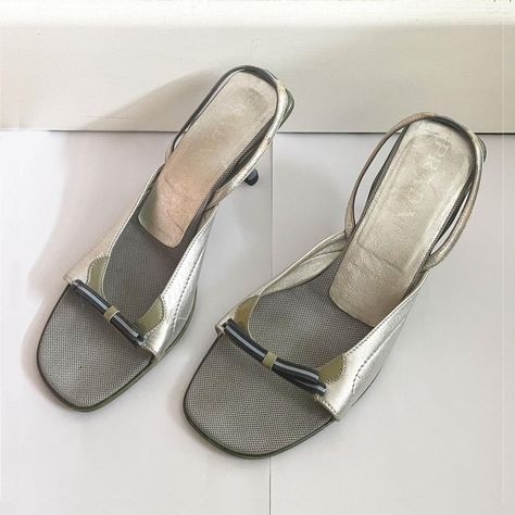 Super rare vintage silver PRADA sporty heels with... - Depop Sporty Heels, Silver Mules, Chanel Mules, Versace Heels, Chanel Slingback, Vintage Prada, Designer Shoe, Classic Heels, Casual Heels