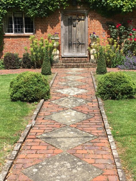 Brick And Stone Walkway Garden Paths, Brick Walkway Garden, Red Brick Floor Outdoor, Brick And Stone Paving, Old Brick Patio Ideas, Red Brick Paving Ideas, Brick And Tile Patio, Brick Path Ideas, Brick Patios Ideas