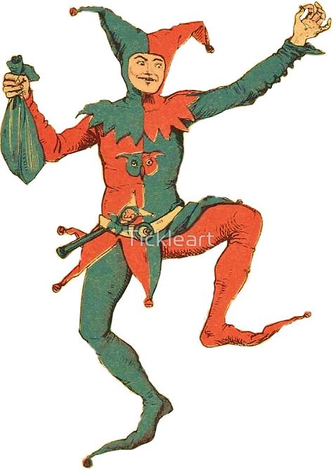 Green Court, Old Illustration, Court Jester, Green, Red