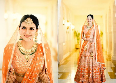 11 Orange lehengas for the autumn ready brides | Fashion | Bride | WeddingSutra Lehenga Jewellery Ideas, Anita Dongre Lehenga, Coral Gown, Orange Lehenga, Bridesmaid Photoshoot, Indian Wedding Bride, Lehenga Saree Design, Lehenga Pattern, Lehenga Jewellery