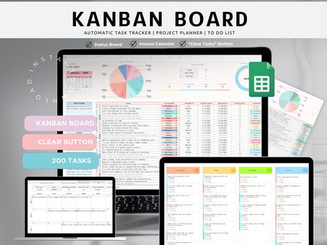 Kanban Board Google Sheets, to Do List Template, Task Priority Tracker, Project Management Tool, Gantt Chart, Kanban Planner Spreadsheet - Etsy Australia Kanban Board Ideas, To Do List Template, Task Tracker, Kanban Board, Gantt Chart, Annual Calendar, Project Management Tools, Project Planner, List Template