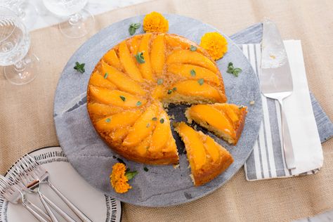 Gluten-Free Mango Upside-Down Cake Mango Upside Down Cake, Mango Cake, Gluten Free Bakery, Cake Mixture, Springform Pan, Vanilla Yogurt, Plain Yogurt, Upside Down Cake, Gluten Free Flour