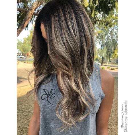 Ashy Blonde Foils On Brown Hair, Ashy Babylights On Dark Hair Straight, Blonde Foils On Dark Hair, Full Highlights For Dark Hair Blonde, Full Foil Highlights Dark Hair, Beige Highlights On Dark Hair, Dark Brown Hair With Ashy Highlights, Full Highlights For Dark Hair, Ashy Babylights On Dark Hair