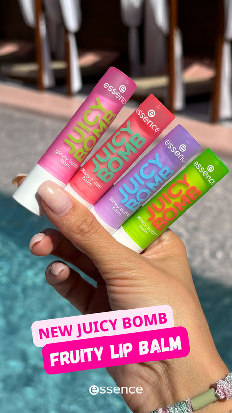 essence makeup, new essence lip balm, juicy bomb lip balm, trending lip balm, makeup must-haves Essence Juicy Balm, Lip Balm Essence, Essence Aesthetic, Essence Lip Balm, Cute Lip Balm, Preppy Must Haves, Juicy Bomb, Preppy Makeup, Essence Makeup