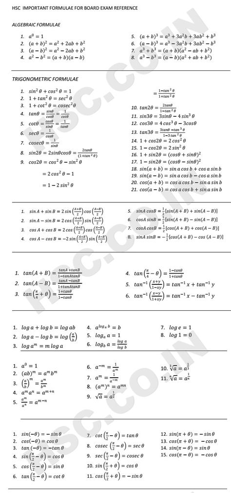 HSC BOARD – IMPORTANT FORMULAS – HSC – Higher Secondary Education Website Maths Algebra Formulas, Math Formula Sheet, Maths Formulas, Math Formula Chart, Algebra Formulas, Formula Chart, Math Websites, Physics Formulas, Learning Mathematics