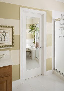 Master bath idea - Low cost ideas to revamp 1970's dark wood, flat, hollow core doors #diy #home #decor Deur Makeover, Bathroom Door Ideas, Closet Mirror, Closet Door Makeover, Mirror Closet Doors, Hollow Core Doors, Bathroom Door, Closet Door, Trendy Bathroom