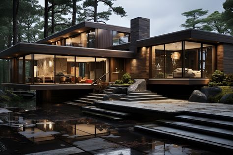 #mansion #modern #nature #forest #4k #rainforest #plant #modernmansion #desingn #moderndesign #interior #interiordesign #outdoor #outdoordesign #jungle #dream #dreamhouse #house #home #dreamhome #fancy #beautiful Black Modern House In The Woods, Dark Themed House Exterior, Forest House Aesthetic Interior, Modern Mansion In The Woods, Rainforest Mansion, Modern Forest House Exterior, Modern House Forest, Dark Modern Mansion, Forest House Modern