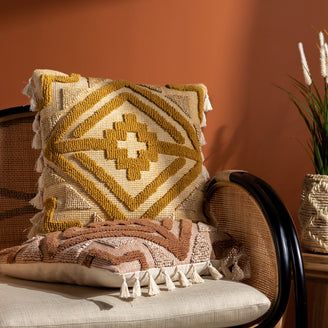 Living Room Plan, Yellow Cushions, Geometric Cushions, Large Cushions, Boho Accessories, Blue Cushions, Small Crosses, Geometric Lines, Wicker Chair