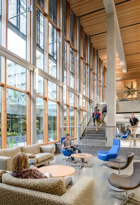 UO Allan Price Science Commons & Research Library - Opsis Architecture University Interior Design, Lobby Interior Design, Library Architecture, Lobby Interior, University Of Oregon, Study Rooms, Library Design, Modern Buildings, Commercial Design