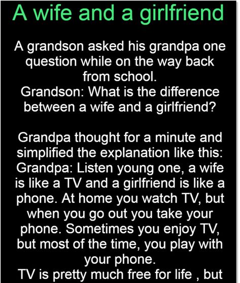 A wife and a girlfriend – GetFunWith Girlfriend Vs Wife, Wife Duties, Monday Inspirational Quotes, Girlfriend Jokes, Couples Jokes, Funny Marriage Jokes, Funny Marriage, Marriage Jokes, Church Flower Arrangements