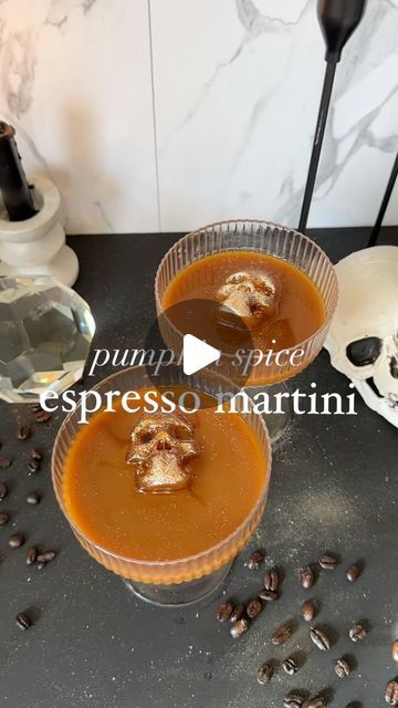 Tori Mohn | DIY, Furniture Flips, & Home on Instagram: "PSL 🤝 MARTINI. This pumpkin spice latte espresso martini is such a hit! 10 out of 10 😍  SAVE this video for the recipe   - Freeze regular brewed coffee + edible glitter in skull ice cube tray overnight - Add regular ice to your shaker (save your coffee skull cubes for the end) - Add 2 oz brewed espresso - I wait until it chills so it doesn’t melt the ice. - Add 1.5 oz vodka  - I used Tito’s - Add 0.5 oz coffee liqueur - I used Kahlua - Add 1 oz plain half and half - I used vanilla originally and it was too sweet, but up to you! - Add 0.75 oz pumpkin spice simple syrup - Shake and enjoy! This recipe is good for 1 drink! Double the recipe for 2 and so on.  #psl #espressomartini #explorepage #halloweenparty #cocktail #espressomartini # Skull Ice Cubes, Pumpkin Spice Simple Syrup, Coffee Skull, Martini Espresso, Martini Party, Recipe For 2, Cocktails To Try, Coffee Liqueur, Glitter Pumpkins