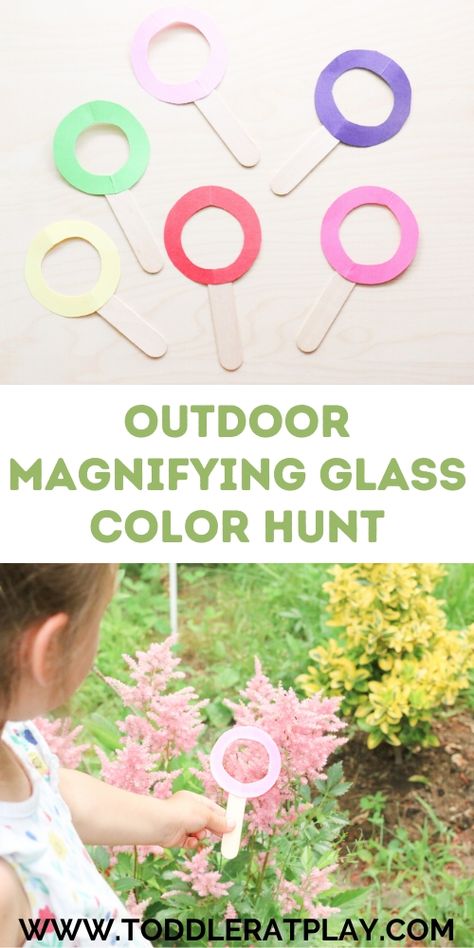 Outdoor Magnifying Glass Color Hunt - Toddler at Play Color Hunt, Science For Toddlers, Explorers Activities, Colors Of Nature, Kids Exploring, Outdoor Activities For Kids, Outdoor Learning, Spring Activities, Homeschool Preschool