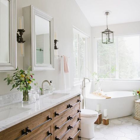 Bathroom With Angled Tub | HGTV Bathroom Mirror Decorating Ideas, Modern Farmhouse Bathroom Design, Mirror Decorating Ideas, Color Scheme Inspiration, Farmhouse Bathroom Design, Nautical Bathrooms, Modern Farmhouse Bathroom, Bathroom Remodel With Tub, Bathroom Design Ideas