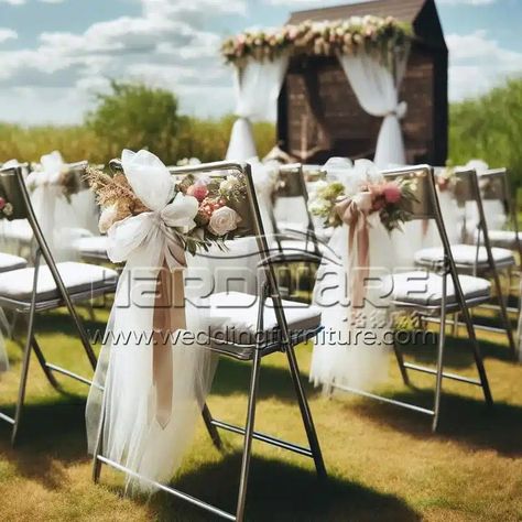 How to Decorate Metal Folding Chairs for Wedding? How To Make Metal Chairs Look Nice For Wedding, How To Decorate Metal Folding Chairs, Decorate Folding Chairs For Wedding, How To Make Folding Chairs Look Nice, Folding Chair Decorations Wedding, Decorate Folding Chairs, Folding Chairs Wedding, Plastic Chair Covers, Chairs For Wedding