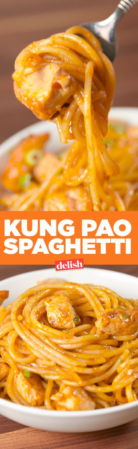 Our Kung Pao Spaghetti is better than California Pizza Kitchen's. Get the recipe on Delish.com. Kung Pao Spaghetti, Thai Curry, Asian Dishes, Kung Pao, Main Meals, Ravioli, Chinese Food, How To Cook Pasta, Chicken Dishes