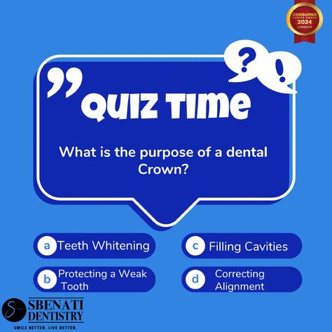 Quiz Time! 🦷 What's the purpose of a dental crown?

A: Teeth Whitening
B: Protecting a Weak Tooth
C: Filling Cavities
D: Correcting Alignment

Drop your answers below! 👇 Let’s see who knows their dental facts. Remember, knowing the right answer can help you make better decisions for your dental health.

Stay informed and keep smiling! 😊✨ #DentalKnowledge #HealthySmile #SbenatiDentistry #Quiztime #londonontariodentist #londonontario #cosmeticdentistry #dentalcrowns Dental Information, Teeth Alignment, Quiz Time, Dental Facts, Dental Crowns, Healthy Smile, Keep Smiling, Cosmetic Dentistry, Dental Health