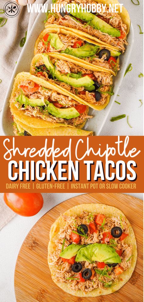 These chipotle chicken tacos are packed with smokey and spicy chipotle flavor, plus you let the instant pot or slow cooker do all the work! Chipotle Chicken Tacos, Braised Chicken Breast, Tacos Recipes, Gluten Free Instant Pot, Gluten Free Chicken Recipes, Dairy Free Recipes Dinner, Weekly Dinner, Gluten Dairy Free, Favorite Recipes Chicken