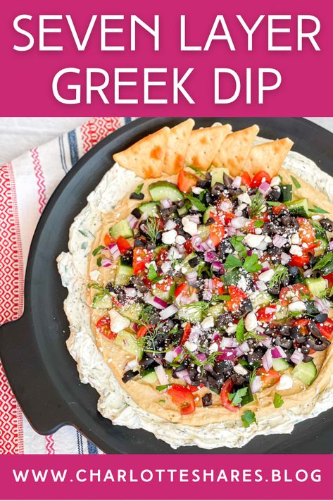 Cream cheese, hummus, crunchy vegetables, bright herbs, and feta are layered for a light, refreshing easy to make dip. Hummus Cream Cheese Dip, 7 Layer Greek Dip, Greek Dip 7 Layer, 7 Layer Greek Hummus Dip, 7 Layer Mediterranean Dip With Hummus, Greek Hummus Dip Layered, Greek Layer Dip, Greek Dip, Lemon Pepper Seasoning