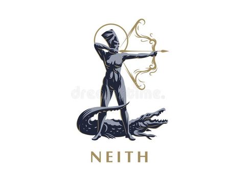 Egyptian goddess Neith. Archer. Crocodile. vector illustration Goddess Neith, Kemetic Spirituality, Egyptian Deity, Goddess Tattoo, Egyptian Tattoo, Egyptian Goddess, Vector Clipart, Alligator, Egypt