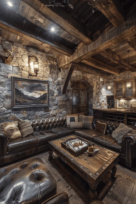 Loft Man Cave Ideas, Man Cave Wall Ideas, Man Cave With Bar, Whiskey Room Man Caves, Modern Man Cave Ideas, Vintage Man Cave Ideas, Luxury Man Cave, Masculine Loft, Moody Man Cave