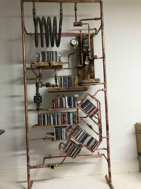 Steam Punk Shelves, Steampunk Bookshelf, Romantic Room Ideas, Hanging Bedside Lights, Copper Ideas, Rustic Brick Wall, Industrial & Rustic Interior, Kitchen Countertop Decor, Countertop Decor