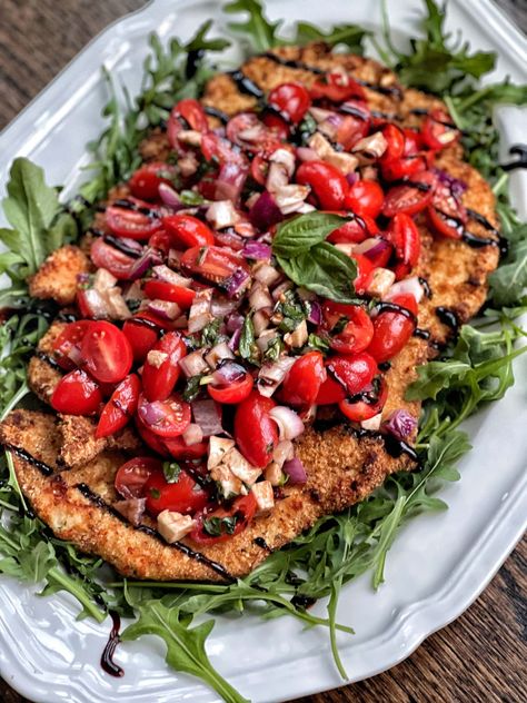 Chicken Milanese with Tomato and Mozzarella Chicken Milanese With Burrata, Chicken Melanzane, Chicken Milanese Recipe Air Fryer, Chicken Milanese Side Dishes, Tomato Sauce For Chicken, Milanese Chicken, Chicken Milanese Recipe, Milanese Recipe, Healthy Chicken Pot Pie