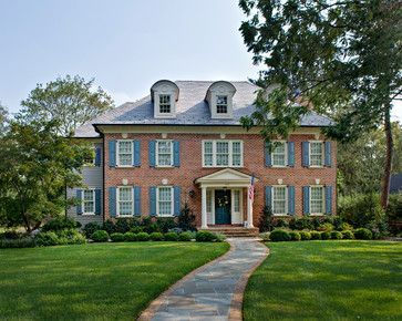 Brick Colonial House Exterior, Brick Colonial House, Red Brick Exteriors, Colonial House Exteriors, Exterior House Remodel, House Shutters, Blue Shutters, Colonial Style Homes, Red Brick House