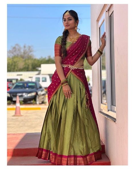 Simple Half Saree Designs South Indian, Half Saree Designs South Indian, Blue Blouse Designs, Smart Casual Women Outfits, Half Saree Function, Latest Bridal Blouse Designs, Lehenga Saree Design, Half Saree Lehenga, New Saree Blouse Designs