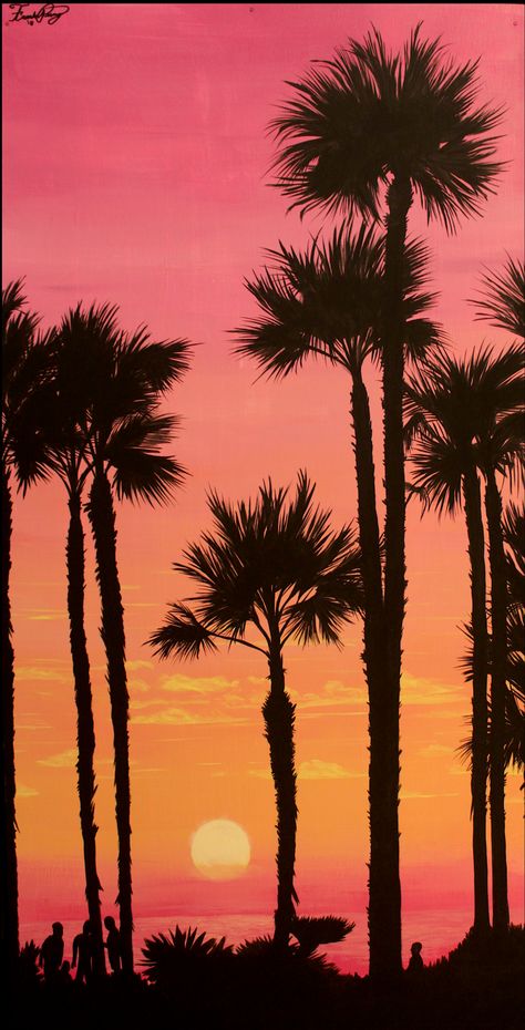 Sunset With Palm Trees Painting, Tropical Sunset Painting, Sunset Palm Tree Painting, Sunset Drawing Easy, Palm Tree Paintings, Palm Painting, Palm Trees Art, Palm Tree Artwork, Palm Tree Painting