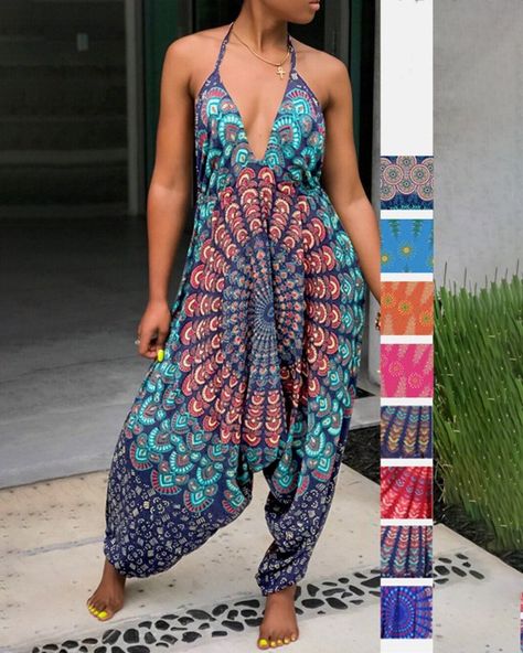 Strappy Jumpsuit, Harem Jumpsuits, Boho Jumpsuit, Peacock Print, Jumpsuit Online, Trend Fashion, Jumpsuit Fashion, Type Of Pants, Fashion Pattern